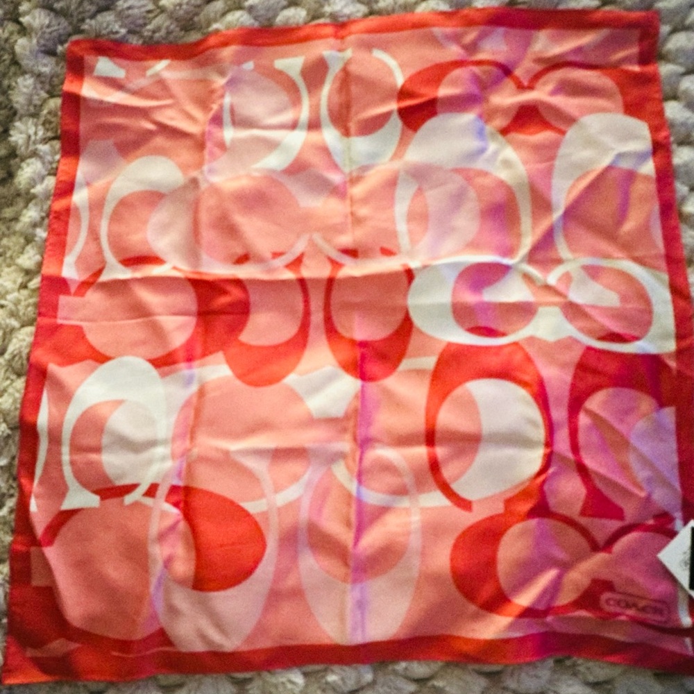 NWT Authentic Vintage Coach Vibrant Coral Signature Silk Scarf!